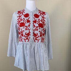 Haute Rogue Stripped Peplum Blouse with Red Floral Embroidery